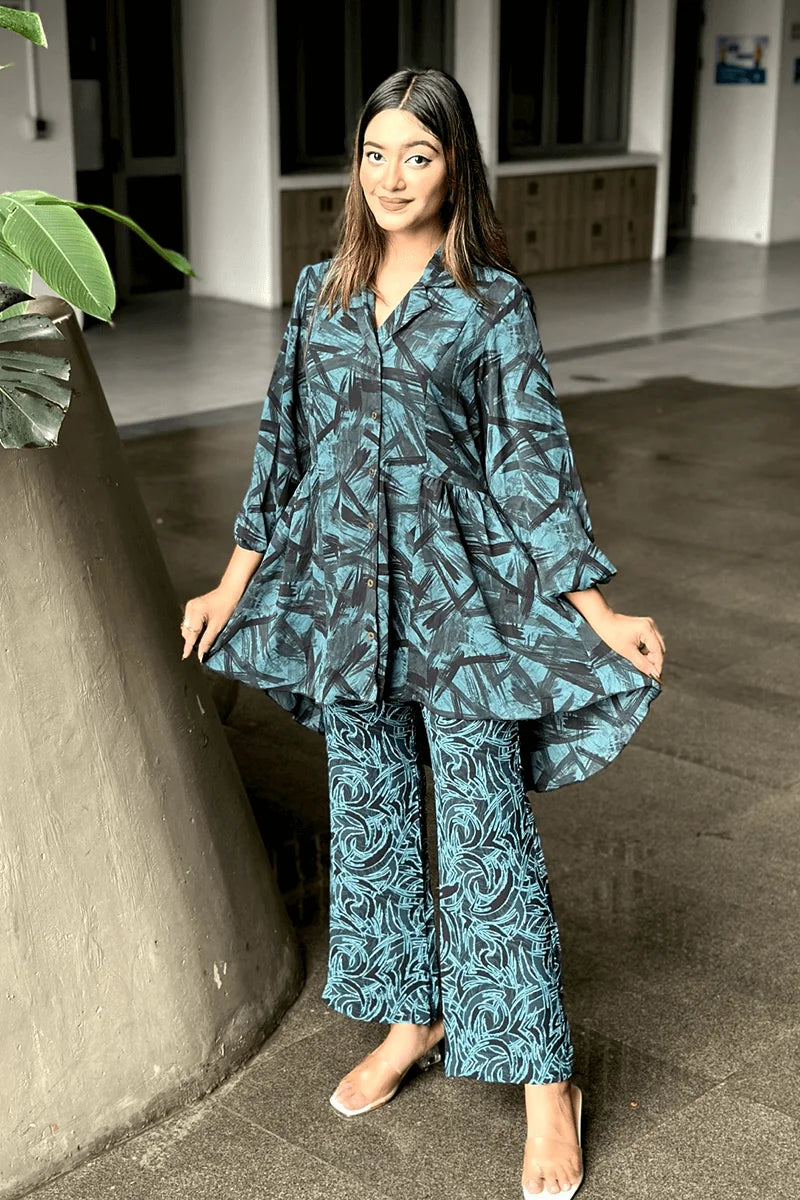 Showstopper Teal Brushstroke Loose Fitted Co-ord Set 0525 000388