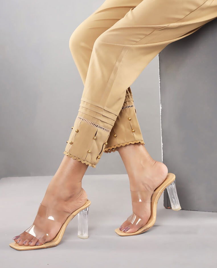Showstopper Beige Cashmilon Fabric Straight Pleats & Pearl Pant Women P03 - showstopperbd.com