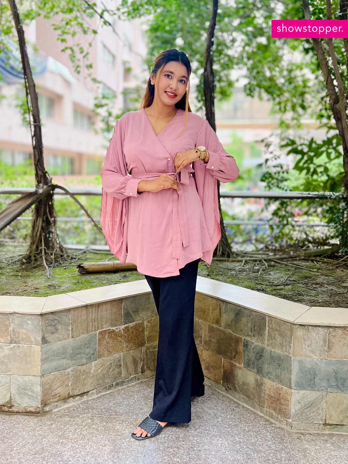 Showstopper Dusty Pink Cherry Georgette Wrap Tops Women 0724 000330