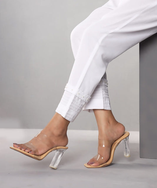 Showstopper White Cashmilon Fabric Straight Pleats & Pearls Pant Women P06